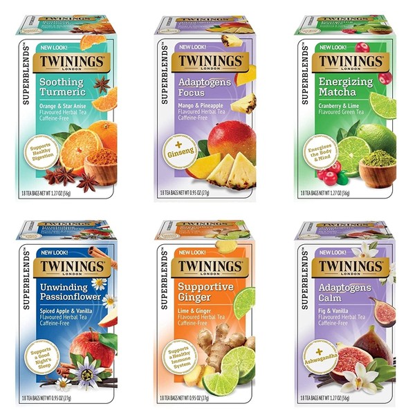 Twinings Daily Wellness Tea, Variety Pack, Flavored Herbal & Green Tea Bags, 18 Count (Pack of 6)
