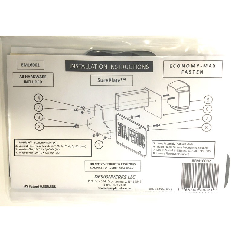 SurePlate TM Trailer/Truck EM16002 Rubber License Plate Holder Bracket, Economy-Max,