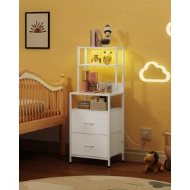 WLIVE Nightstand with Charging Station, LED Night Stand with 2 Fabric Drawers and 4 Storage Open Shelves, Bedside End Table for Bedroom, White