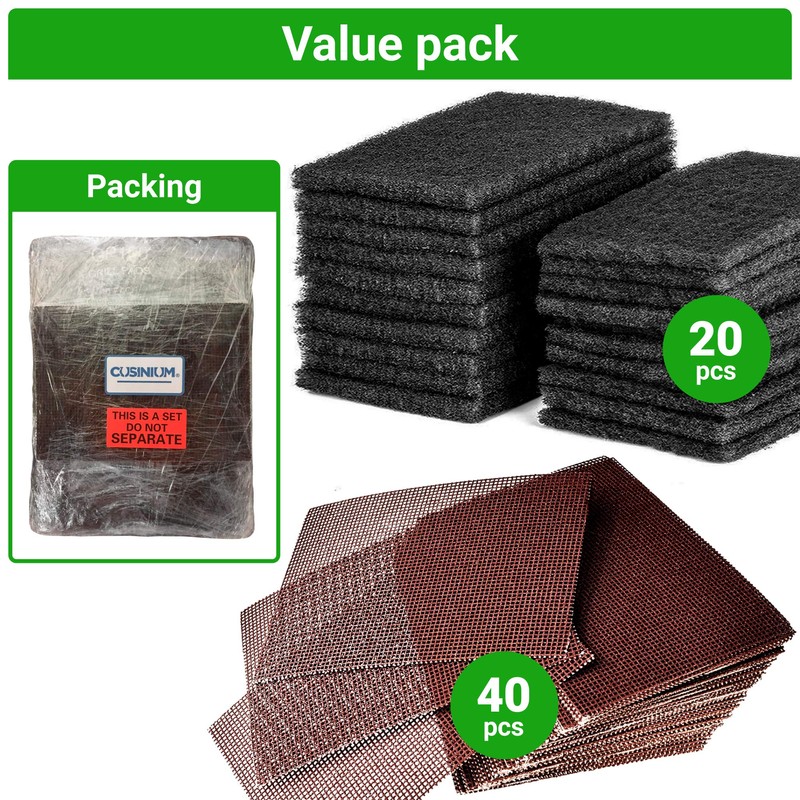 CUSINIUM 20-Pack Griddle Cleaning Pads + 40-Pack Grill Screens -