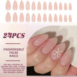 24Pcs Short False Nails with White Bow - French Tip Press on Nails - Fake with Glue 12 Sizes Almond Stick on Elegant Design for Women and Girls Art
