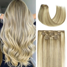 Clip In Human Hair Extensions Human Hair 22 Inch 70g 7pcs Mixed Bleach Blonde Natural Double Weft No Shedding No Tangling Remy Human Hair Extensions Thick Hair Extensions (22"#18613)