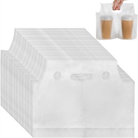 DEAYOU 200 PCS Handle Drinking Poly Bag, Clear Plastic Drink Packaging Bag for Delivery, 15" L x 11" H Hanging Hole Cup Carrier Container with Handle for Take Out, Beverage, Hold 2 Cup, 33 OZ of Each