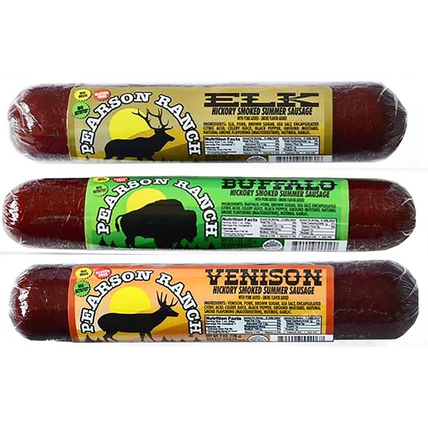 Pearson Ranch Game Meat Summer Sausage Variety Pack of 3 – Elk, Buffalo, Venison, Exotic Meat, Summer Sausage Pack, Gluten-Free, MSG-Free