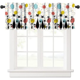 Mid Century Curtains Short And Valance for Kitchen,Atomic Cat Iconic Sputnik Black Retro Abstract Geometric Pattern Drapes Window 1 Panel Rod Pocket Cafe Curtains Valance for Home Decor 54x18inch
