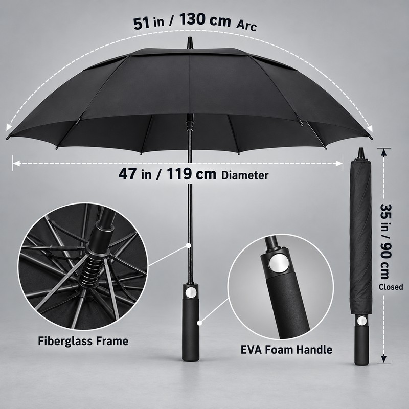 Oversized Windproof Golf Umbrella with Double Canopy, Automatic Open, Fiberglass
