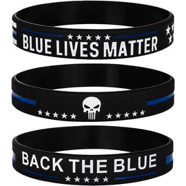 Blue Lives Matter Thin Blue Line American Flag Bracelets with Skull - Back The Blue Police Silicone Rubber Wristband Band Set - Support Law Enforcement Gifts for Police Cops, Men Women (Unisex)