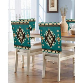 Boho Southwest Aztecs Chair Back Covers Set of 4, Dining Back Chair Cover Removable Washable Back Slipcovers, Native American Teal Green Brown Kitchen Chair Protector for Wedding Party Housewarming