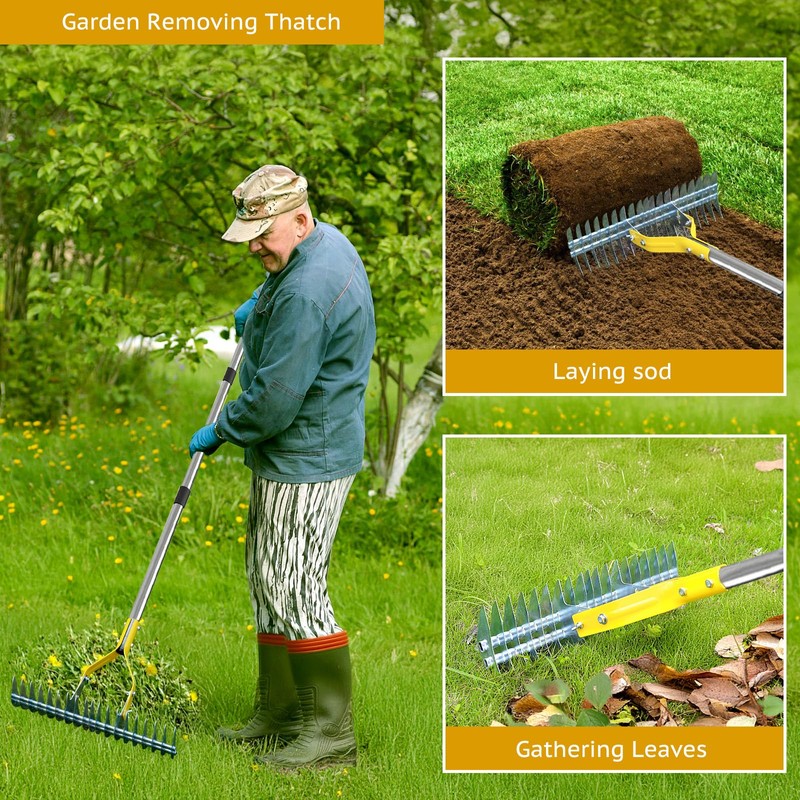 Thatch Rake, 15-Inch Steel Lawn Dethatcher Rake with Handle, Heavy