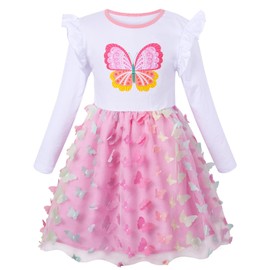 VASCHY Rainbow Butterfly Dress for Girls, Tulle Dress Cotton Ruffle Sleeve Princess Birthday Party Outfit Clothes,Toddler/Little/Big Kid Girls 3T