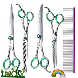 FOGOSP Professional Dog Grooming Scissors Kit 8 in Curved Thinning Straight Chunker Shears and Comb 5pcs Set for Grooming Big Dogs Poodle Pet Japan 440C Stainless Steel