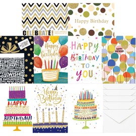 Lilemawr 18 Unique Birthday Cards Assortment with Envelopes. For Women, Men, Kids. Large 7”x5”, Blank Inside. Adorned with Gold Glitter and Embossed Gold Foil. Individually Wrapped