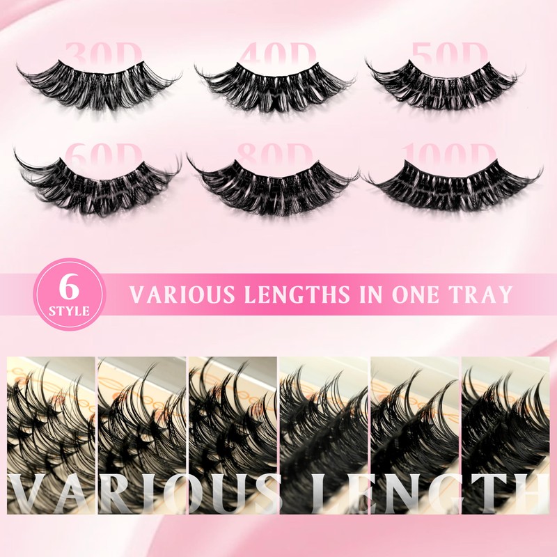 Jsio Cluster Lashes Kit with Glue, 456PCS Individual Eyelashes 30D-100D