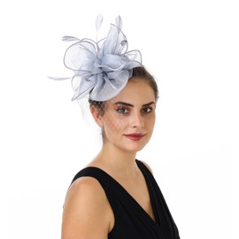 SAFERIN Fascinators Hat Flower Mesh Ribbons Feathers on a Headband and a Clip Tea Party Headwear for Girls and Women (US, Alpha, Medium, TA2-Light Grey)