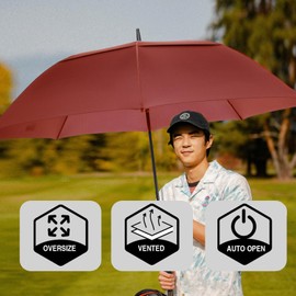 SIEPASA Golf Umbrella Large 62/68/72 Inch Automatic Open Golf Umbrella Extra Large Oversize Double Canopy Vented Umbrella Windproof Waterproof for Men and Women.(Wine Red, 62",Red Handle)