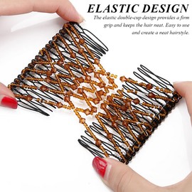 JEYORZY Hair Comb, 2 Pieces Hair Clip Hair Comb, Magic Hair Comb, Hair Comb Elastic Beads, Hair Clips Women, Fashionable Stretchy Hair Clip, Magic Hair Clip, Pearl Hair Combs, Hairstyle Aid, Brown