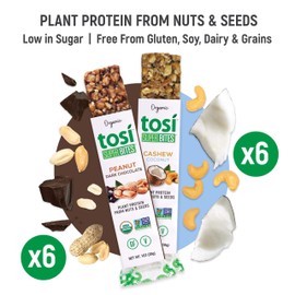 Tosi Organic SuperBites Vegan Snacks, Super Combo 6 Peanut Dark Chocolate and 6 Cashew Coconut, Gluten Free, Omega 3s, Fiber, 1oz