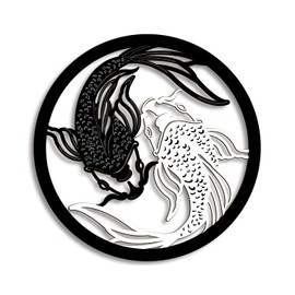 Creoate Home Decor Wall Art Wooden Koi Fish Wall Art Black and White Yin Yang Themed Zen Wall Mount Plaque Decor for Yoga Room Bathroom Living Room Farmhouse, 12x12 Inch