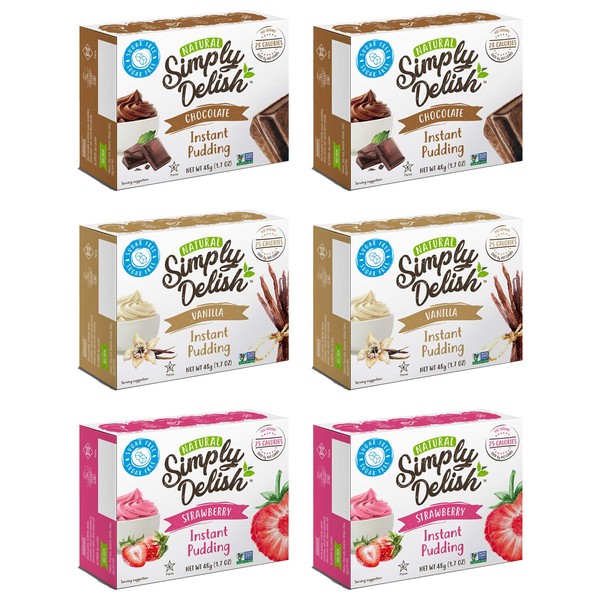 Simply Delish Natural Instant Pudding Variety Pack - 2 Chocolate Pudding, 2 Vanilla Pudding, 2 Strawberry Pudding - 1.7 OZ (6 CT)