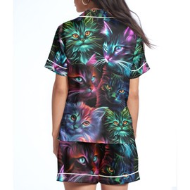 Silk Pajamas for Women Set 2 Piece Short Sleepwear Loungewear Set S-XXL for Mom, Sister, Girlfriend Black cat L