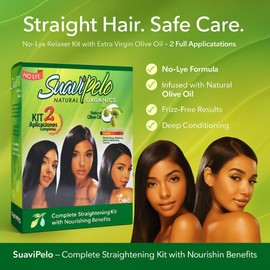 Suavipelo No-Lye Hair Relaxer Kit - Natural Organics Straightening System with Extra Virgin Olive Oil - Conditioning & Revitalizing - 2 Application Kit - Includes Shampoo & Gloves