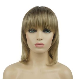 Lydell Synthetic Medium Length Straight Wig with Neat Bang Cosplay Wigs for Women Golden Blonde