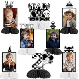 kreat4joy Bad Two The Bone Party Decoration, 8pcs Skeleton 2nd Birthday Decoration Photo Honeycomb Centerpiece Black Bad Two The Bone Table Decoration for Music Rock and Roll 2nd Second Birthday Party