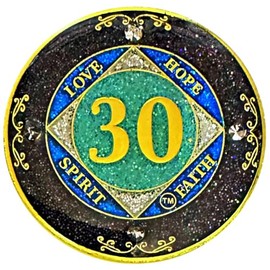 Simply Minimal NA 30 Year Crystals and Glitter Medallion, Gold Multicolor, Circle, 1.3" (34mm), True Charm Compatibility, Recovery Coin with Crystals and Glitter