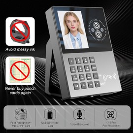 JIAN BOLAND Employee Time Clock-Time Clocks for Employees Small Business Face Recognition,Badges&PIN Attendance Machine, 0 Monthly Fee Office in/Out Punch Clock, with 5 Badges & USB Flash Drive-T500