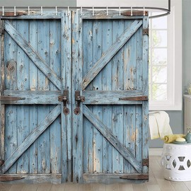 JAWO Rustic Barn Door Shower Curtain, Farmhouse Rustic Door Western Cabin Garage Door Shower Curtains Country Shower Curtain with Hooks, 72X72inches, Blue