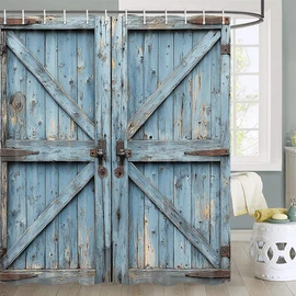 JAWO Rustic Barn Door Shower Curtain, Farmhouse Rustic Door Western Cabin Garage Door Shower Curtains Country Shower Curtain with Hooks, 72X72inches, Blue