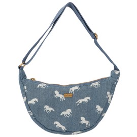 Depesche 12873 Miss Melody Denim - Small Half Moon Shoulder Bag Made of Jeans, with Horse Pattern, Dark Blue Bag with Adjustable Shoulder Strap