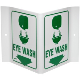 Brady V1EW03A 6" Height, 9" Width, 4" Depth Acrylic Green On White Color Standard "V" Sign Legend "Eye Wash (With Picto)"