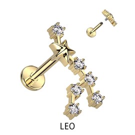 Pierced Owl 18GA Gold Plated 316L Stainless Steel Internally Threaded CZ Crystal Zodiac Constellation Flat Back Stud (Leo)