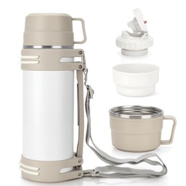 Thermos Flask 1.2 L, Thermos Flask with 2 Cups, Double Wall Stainless Steel Insulated Flask, Leak-proof & Robust Thermos Flask, Large Camping or Hiking with Robust Handle & Carry Strap, 24 Hours Hot