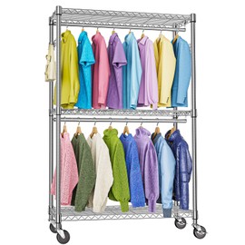 M MZG Heavy Duty Rolling Garment Rack 3 Tiers Adjustable Wire Shelving Clothes Rack with 2 Rods and Side Hooks,Storage Closet Clothing Rack with Wheels Chrome 15.7" D x 45.3" W x 79.6" H