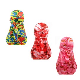 Militar camuflaje Premium sedoso Durags con cola larga colorida 360 ondas Doo trapo para hombres Du trapo Cap (3/4 paquete), Set6-sedoso-3 empaquetado., Medium