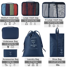 7 Set Packing Cubes Travel Organizer Set Fordable Compression Suitcase Packing Cubes Waterproof Luggage Organizer with Shoe Bag & Laundry Bag,Navy