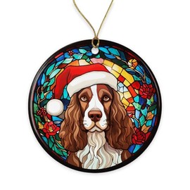 English Springer Spaniel Santa Hat Stained Glass Ornament - Xmas Gift for Dog Lovers - Merry Christmas Ceramic Decor - Love Pets Gift - Printed on Both Sides