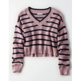 American Eagle Outfitters New American Eagle Striped V-Neck Crop Pullover Purple Sweater Large L NWT