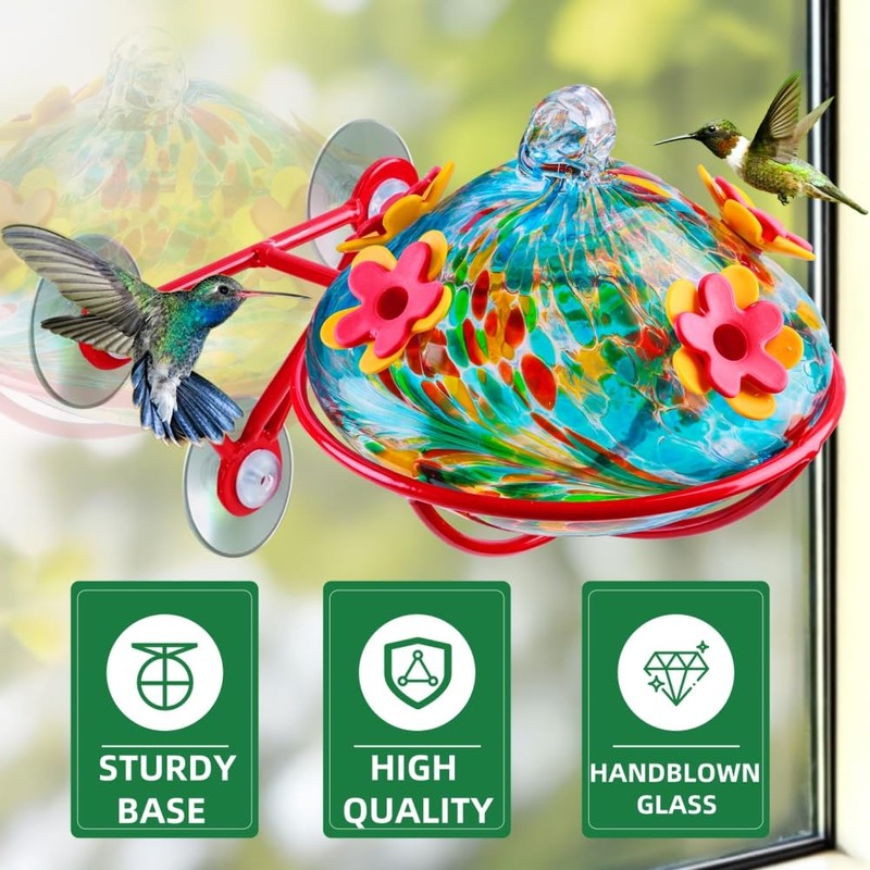 Window Hummingbird Feeder - Hand Blown Glass Mounted Hummingbird Feeder