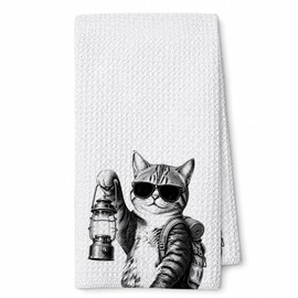 Threegoat Funny Cat Kitchen Towels, Camping Kitty Dish Cloth, Waffle Weave Microfiber Hand Towel for Camper RV Bathroom Decor, Cat Lover Gifts for Women, 16 x 24 Inch
