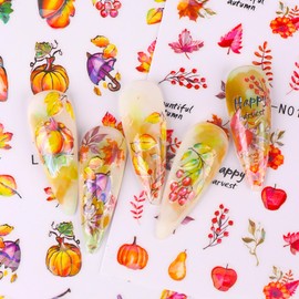 Fall Maple Leaf Nail Art Stickers Decals, 3D Autumn Leaves Pumpkin Mushroom Nail Adhesive Sticker Designs, Glitter Thanksgiving Nail Transfer Decal Decorations for Women Manicure Art Tips