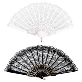 Pack of 2 Lace Fans, Vintage Hand Fans, Lace Bridal Fans, Folding Fans for Wedding, Prom, Fancy Dress Party (Black, White)