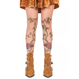 Wild Rose Ladies Tattoo Mesh Leggings - Red Rose on Thorny Vine - M
