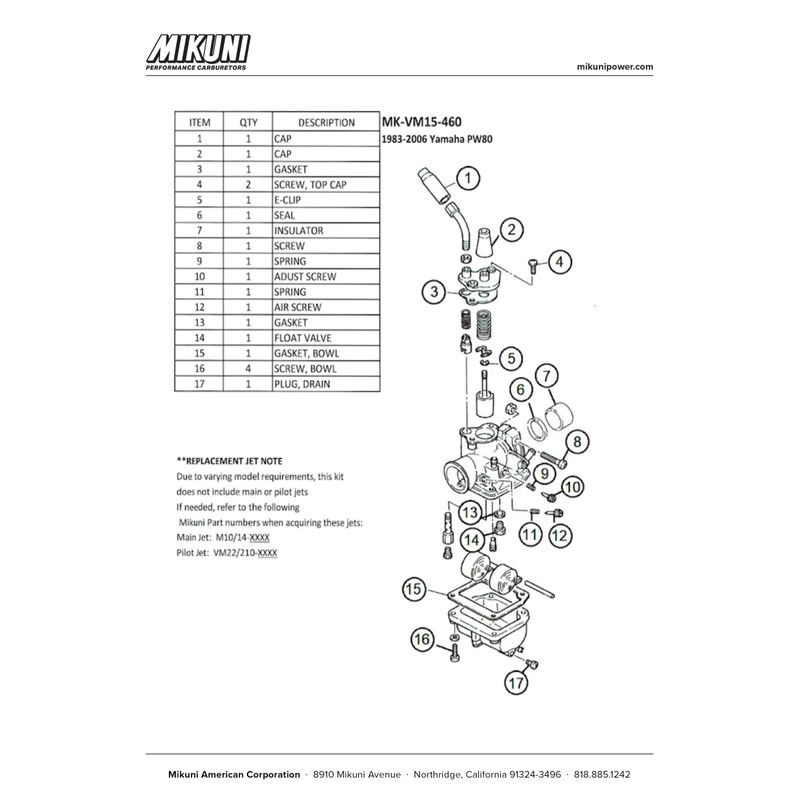 Mikuni Carburetor Rebuild Kit for Yamaha PW80