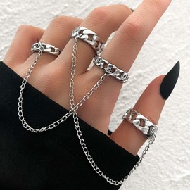 Zeshimb Punk Chain Finger Rings Sliver Cuban Link Rings Stackable Knuckle Rings with Tassel Vintage Midi Index Finger Rings Statement Jewelry for Women
