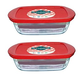 Pyrex O'Cuisine Borosilicate Glass Rectangular Dish with Plastic Lid 1.1L Red (Pack of 2)