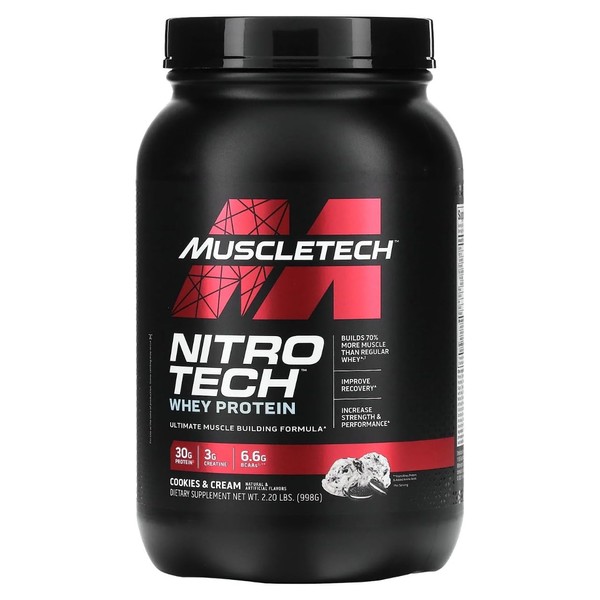 Whey Protein Powder MuscleTech Nitro-Tech Whey Protein Isolate & Peptides Protein + Creatine for Muscle Gain Muscle Builder for Men & Women Sports Nutrition Cookies and Cream, 2.2 lb (22 Servings)