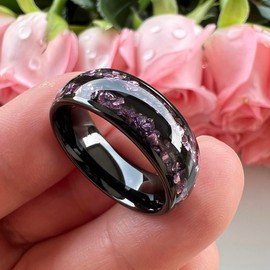 TUTISS 8mm Black Tungsten Rings for Men Women Purple Amethyst Inlay Fashion Engagement Promise Wedding Band Polished Comfort Fit Size 10